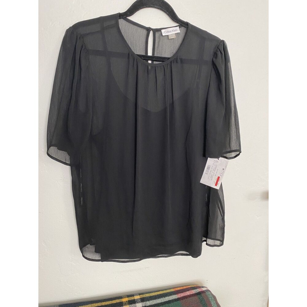 Calvin Klein Black Sheer Chiffon Overlay Cami 2 Piece Layered Top Size Large NWT